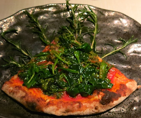 Classic Neapolitan Pizza, with San Marzano Tomato Sauce, Baby Spinach, Wild Broccoletti, Red Onion from Acquaviva, Rosemary.