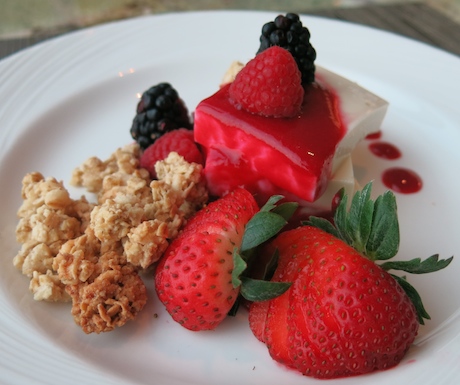Light, healthy silken tofu served with a fruity berry compote, fresh fruits and vegan granola at Westin Singapore