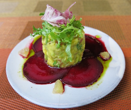 Simple, fresh avocado mousse with beetroot.