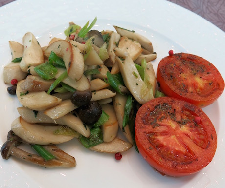 griddled tomatoes and pan-fried mushrooms scattered with pink peppercorns
