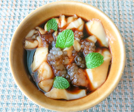 Tahu is a traditional breakfast dish of tofu, tapioca and palm sugar