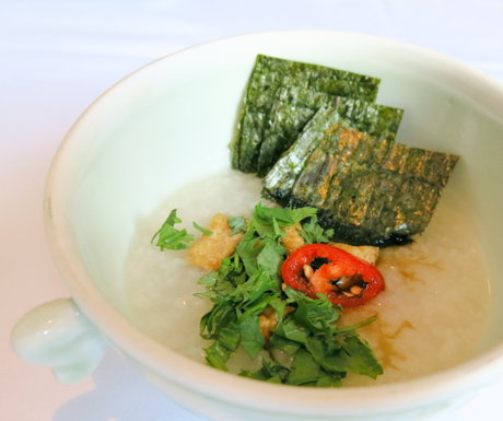 Plain rice congee topped with nori seaweed at Sofitel Legend Metropole Hanoi