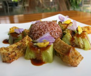 delicious vegan tofu and eggplant dish at Templation